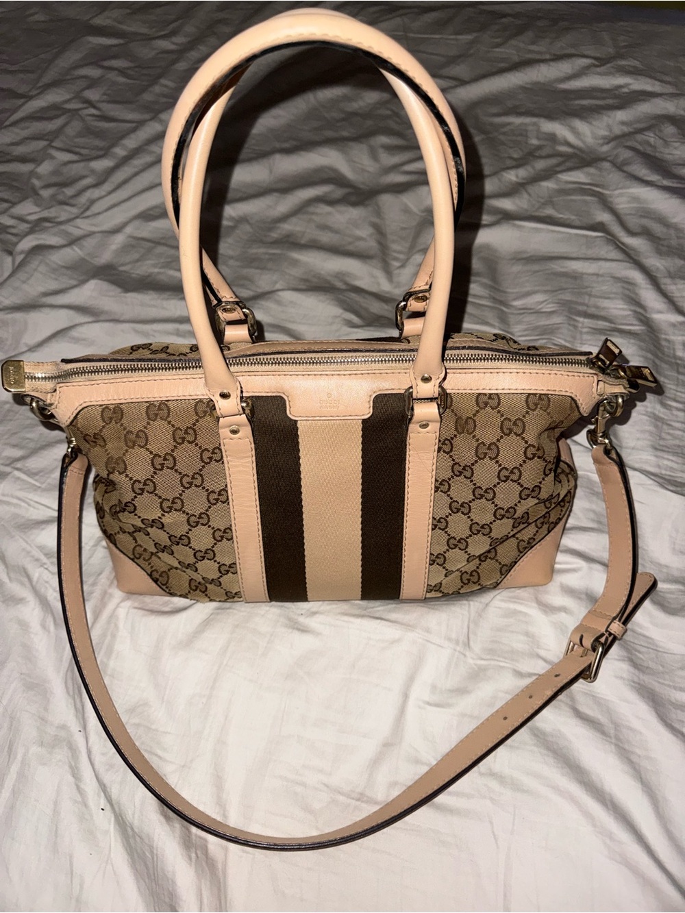 Gucci Beige & Brown GG Canvas Top-Handle Satchel with Shoulder Strap